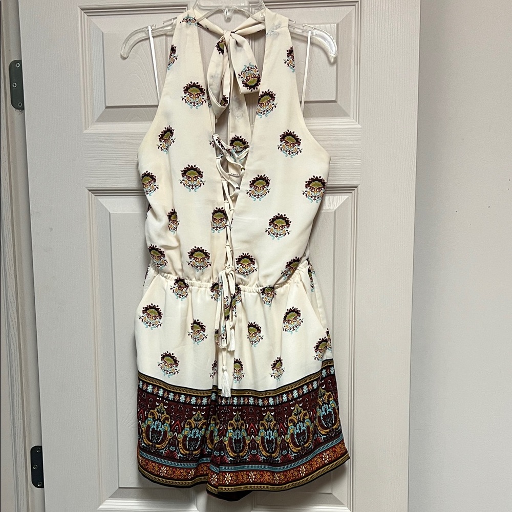 Floral Halter Romper with Lace-Up Detail